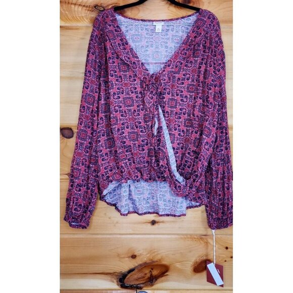 Mossimo Womens size XXL Reds Floral Boho Peasant Ruffle Tie Faux Wrap Blouse New - Picture 2 of 12